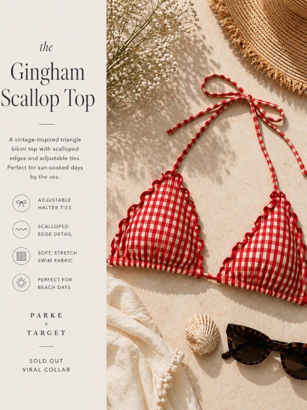 Parke x Target Gingham Bikini Top | Viral Sold Out | Scallop Trim Red White Sz S